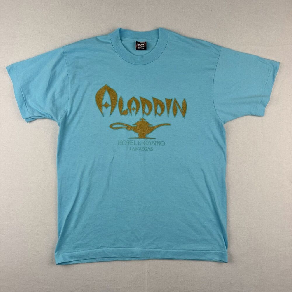 Vintage Aladdin Hotel & Casino Las Vegas T-Shirt Single Stitch Large Blue USA